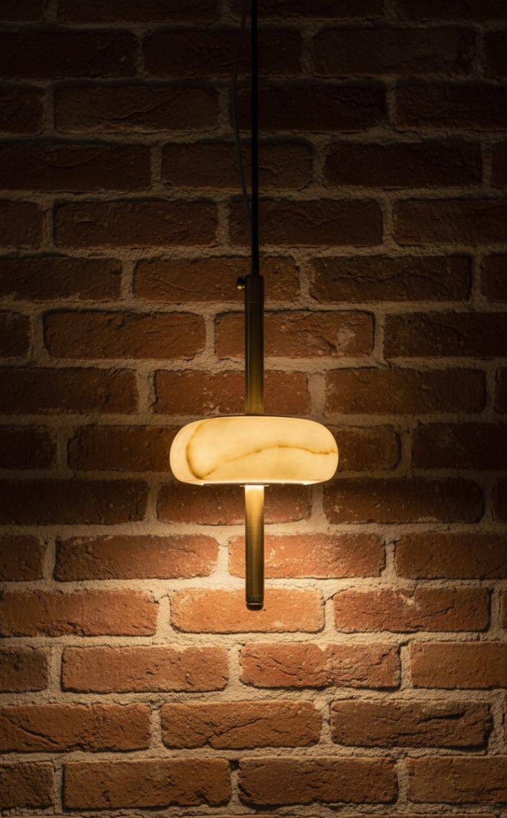 The SpaceAge Chandelier features a horizontal oval light and vertical metal rod, mounted on a brick wall to cast a warm, ambient glow—ideal for bringing luxurious modern lighting to any room.