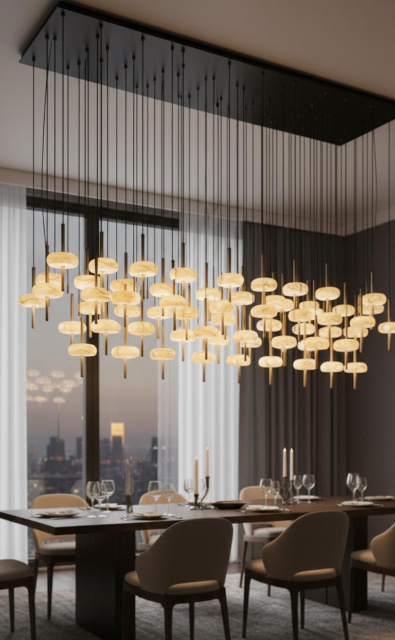 A stylish dining room featuring the SpaceAge Chandelier with multiple round lights, a set table with wine glasses and candles, and floor-to-ceiling windows overlooking a cityscape at dusk for a luxurious touch.