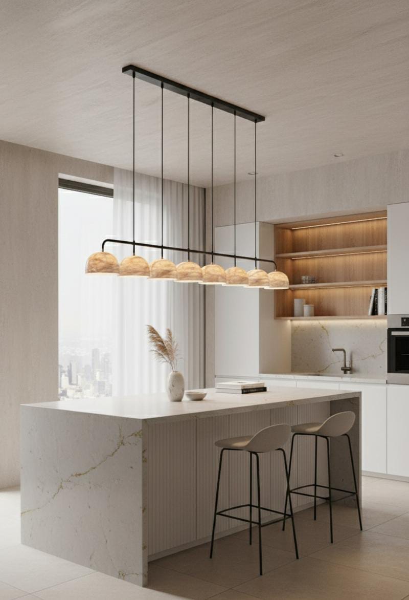 Modern kitchen with a white marble island, two white bar stools, built-in wooden shelves, minimalist decor, and the Nova Suspension Chandelier above the island. Large window with sheer curtains in the background.